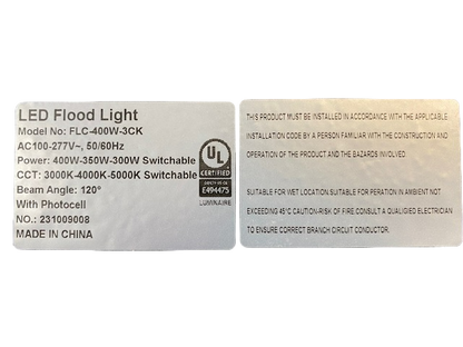 Flood Light WATTAGE SWITCHABLE (200W/250W/300W) 42,000lm 3CCT (3000K/4000K/5000K) KELVIN TUNEABLE - W/PHOTO EYE