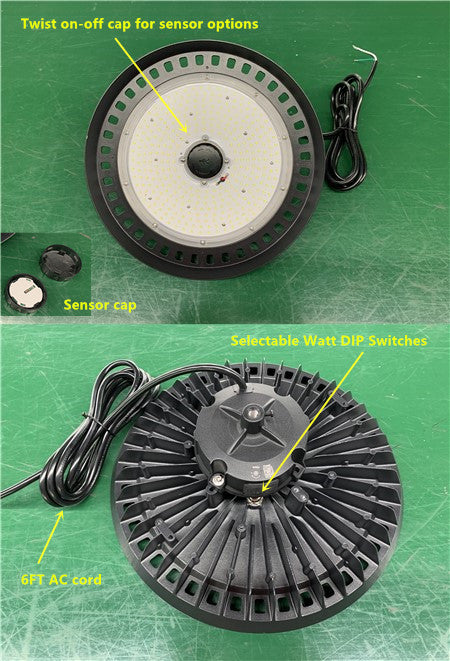 UFO High Bay Dip Switch Wattage Adjustable 240w-200w-150w 36,000 Lumens (OPTIONAL Fully Programable/Motion Sensor/Daylight Harvesting/Dimming)