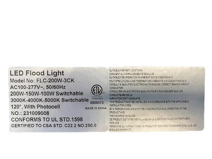 Flood Light WATTAGE SWITCHABLE (100W/150W/200W) 28,000lm 3CCT (3000K/4000K/5000K) KELVIN TUNEABLE - W/PHOTO EYE