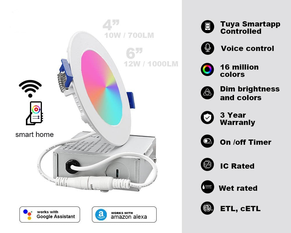 6 in. Smart WiFi Slim LED Downlight 900 Lumens Multicolor Dimmable CCT 2700-6500K Google Home/Alexa