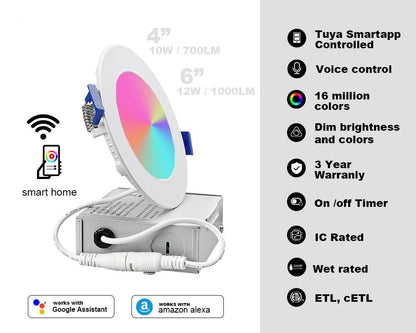 6 in. Smart WiFi Slim LED Downlight 900 Lumens Multicolor Dimmable CCT 2700-6500K Google Home/Alexa