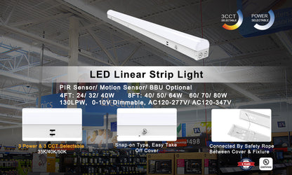 (CASE OF 4) 8 Foot Shop Light (CURVED PC LENS) 19,600 Lumen (3500K,4000K,5000K,6000K) Kelvin and (80W,70W,60W) Wattage Tune-Able and 0-10v Low Voltage Dimmable