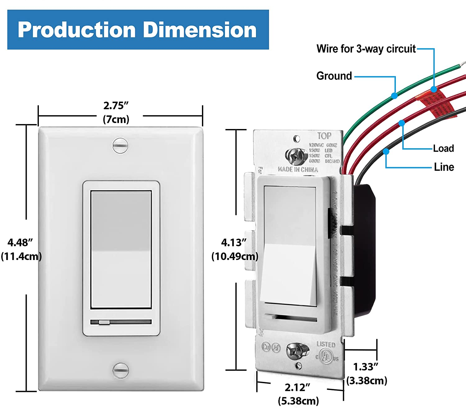 GRAY Dimmer w Rocker Switch 150w 120V Standard Gang Box Installation